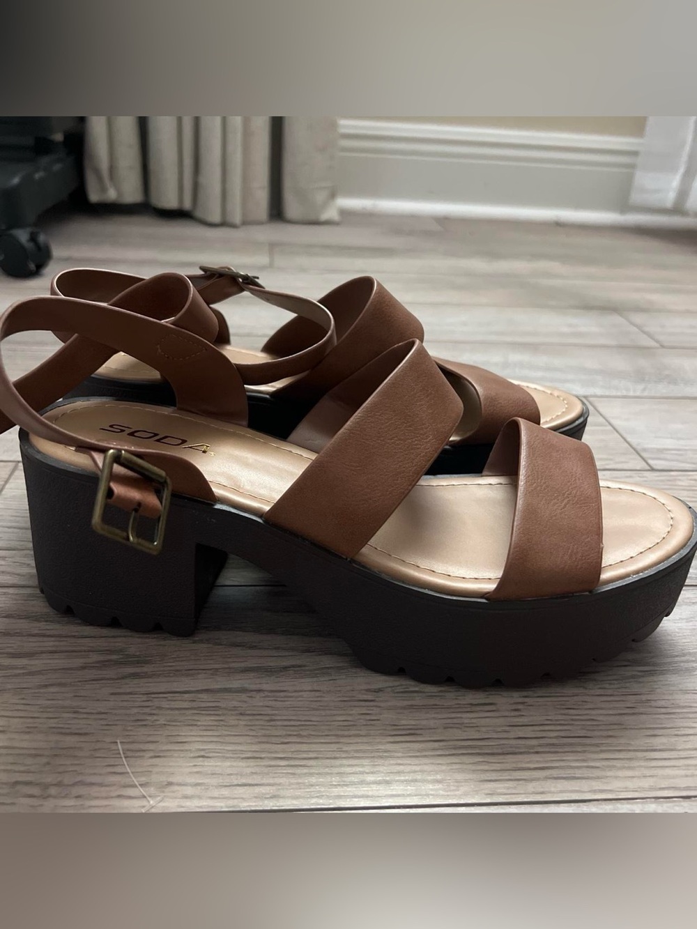 SODA Brown Strappy Platform Sandals with Buckle
